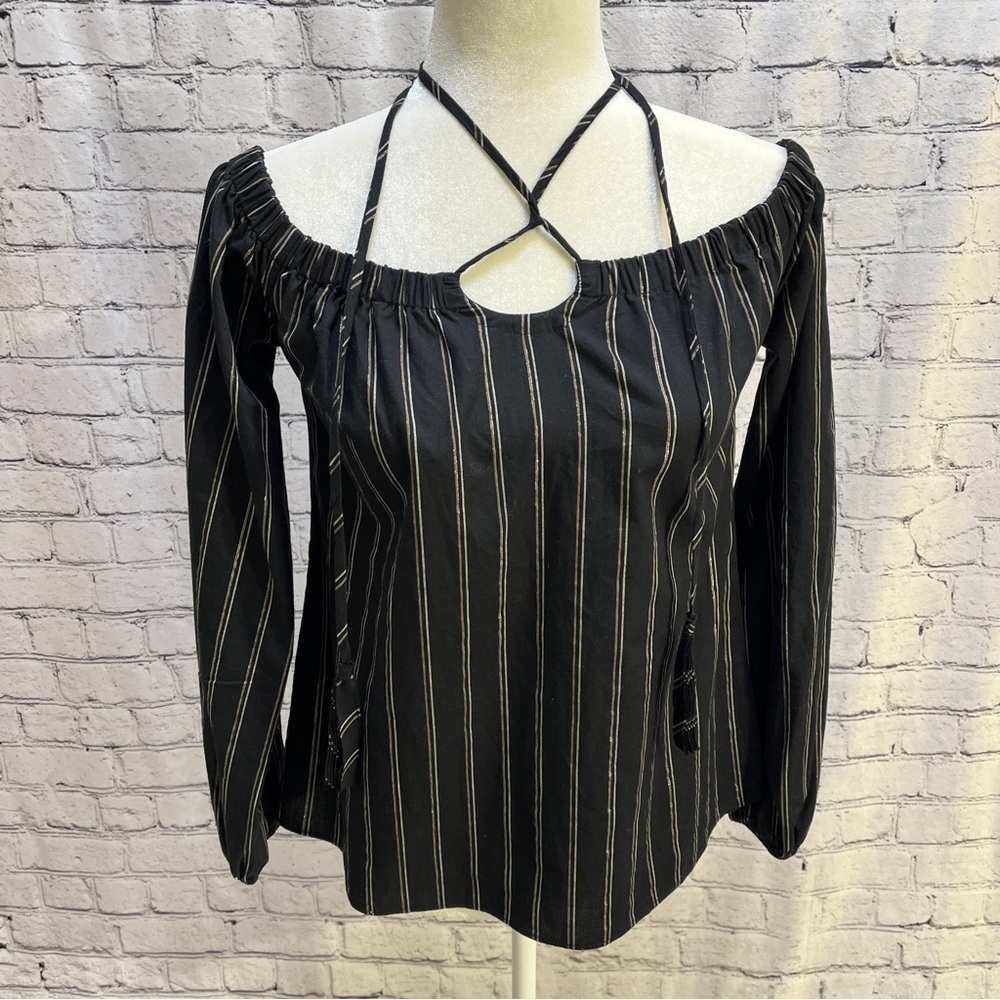ROI Off-Shoulder Black Top — Metallic Stripes & Crisscross Strap Size XS